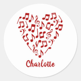 Adesivo Redondo Coração de Música Amor Notas de Música Vermelhas c