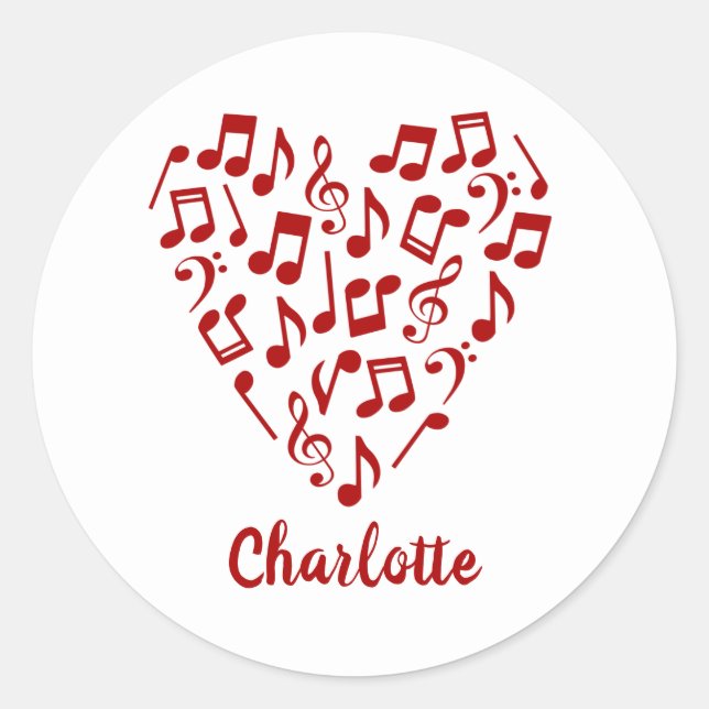 Adesivo Redondo Coração de Música Amor Notas Musicais Vermelhas co (Frente)