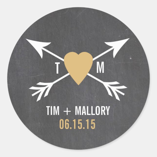 Adesivo Redondo Coração Dourado Chalkboard + Seta | Autocolantes (Frente)