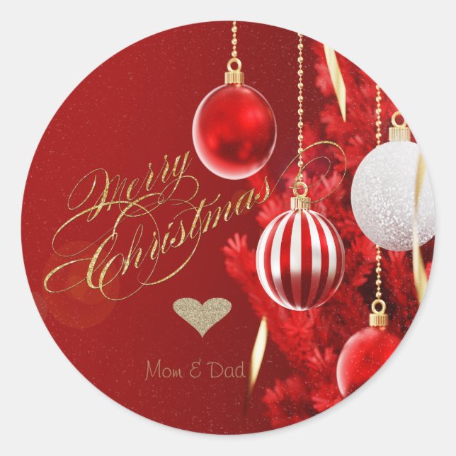 Adesivo Redondo Coração Dourado Elegante, Enfeites de natal Vermel (Frente)