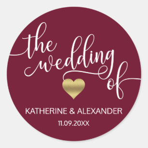 Adesivo Redondo Coração Dourado moderno Borgonha o CASAMENTO dos