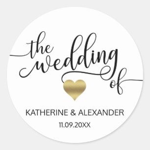 Adesivo Redondo Coração Dourado Moderno Branca O CASAMENTO DE Selo