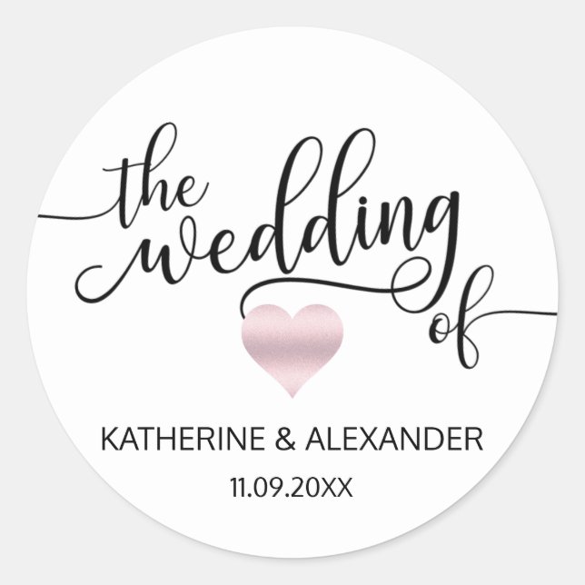 Adesivo Redondo Coração Dourado Rosa moderno Branco O CASAMENTO DA (Frente)