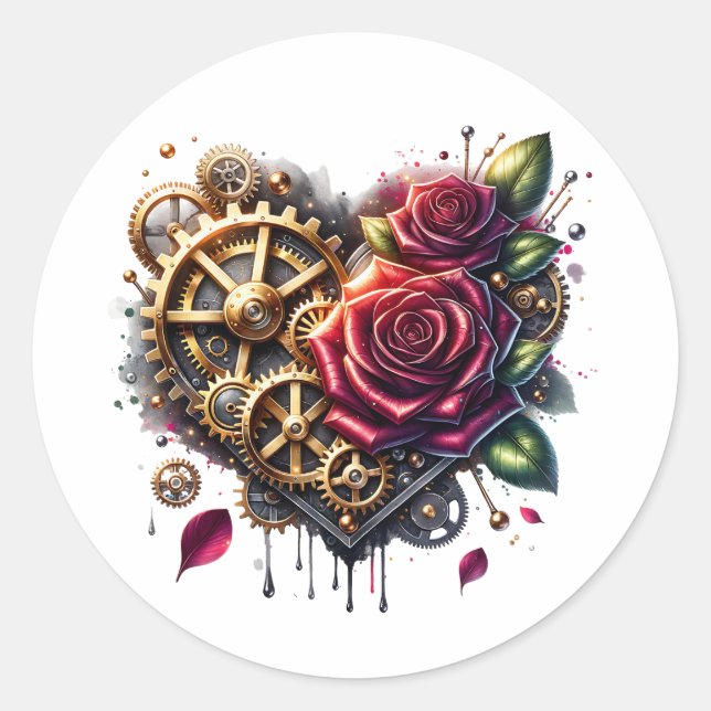 Adesivo Redondo Coração e Rosas Steampunk (Frente)