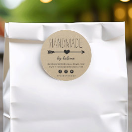 Adesivo Redondo Coração Feita à Mão | Rustic Kraft Look