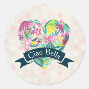 Adesivo Redondo Coração Floral Bonita Ciao Bella em Círculos Ro