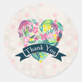 Adesivo Redondo Coração Floral Bonito com Flores Tropicais Obrigad