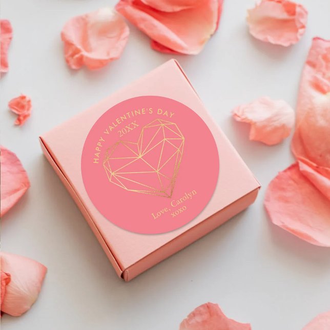 Adesivo Redondo Coração Geométrico de Folha de Ouro Dia dos Namora (Criador carregado)