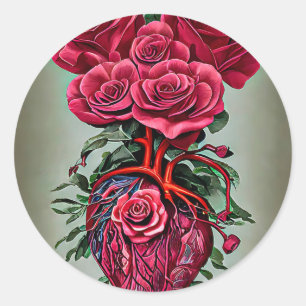 Adesivo Redondo Coração Humano com flores Rosas vermelhas, arte su