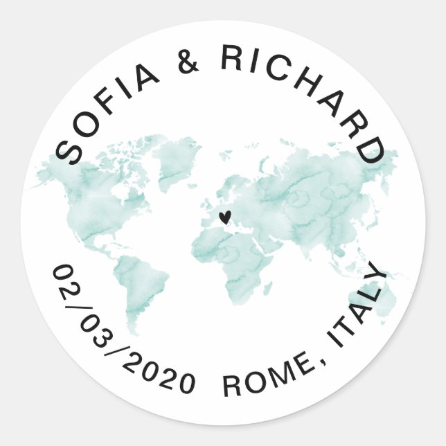 Adesivo Redondo Coração Removível de Aquarela do Mapa Mundial de C (Frente)