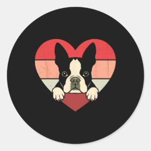 Adesivo Redondo Coração Retro Boston Terrier Cachorro Vintage Dia