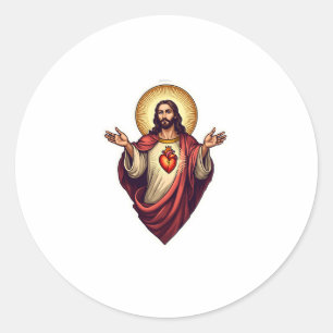 Adesivo Redondo Coração Sagrado de Jesus Camiseta de Gravura Vinta