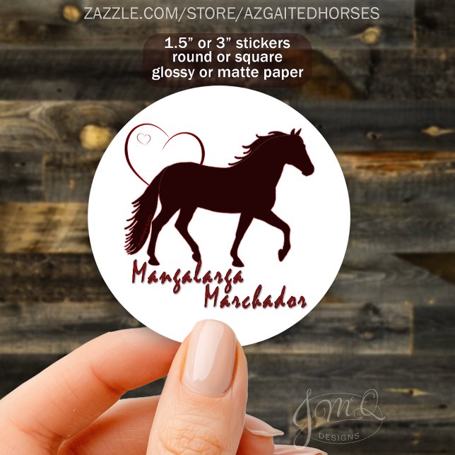 Adesivo Redondo Coração Silhueta Cavalo Mangalarga Marchador (Round sticker with Mangalarga Marchador horse silhouette, heart outline, text “Mangalarga Marchador")