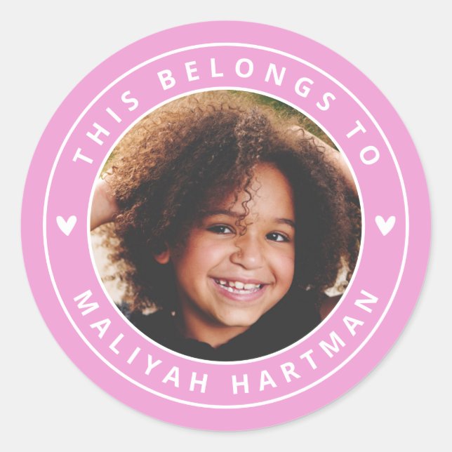 Adesivo Redondo Corações Bonitos Círculo Foto do Nome Escola Rosa (Frente)