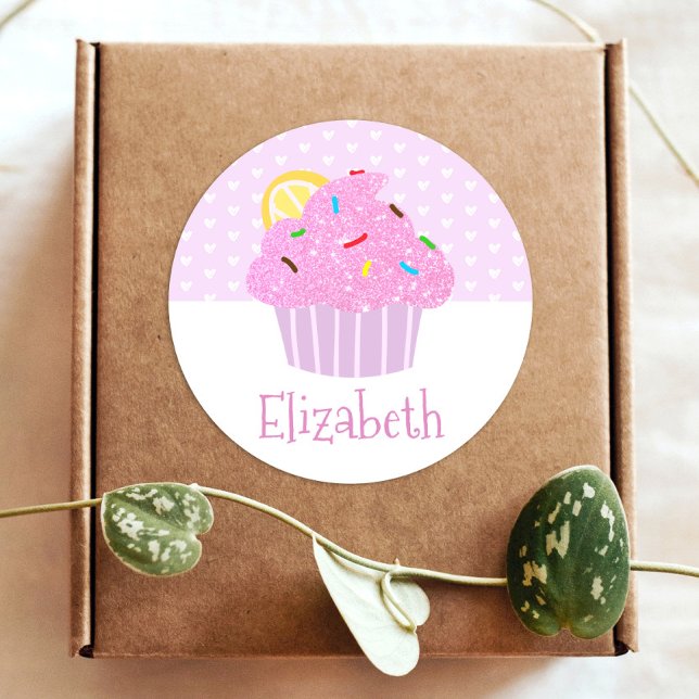 Adesivo Redondo Corações de cupcake rosa-claro doce escola moderna (Criador carregado)