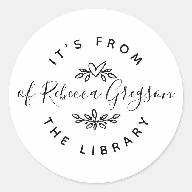 Adesivo Redondo Corações e Folhas desenhadas à mão 'Da Biblioteca  (Frente)