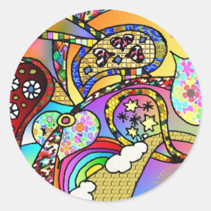Adesivo Redondo Corações Psicodélicos Retro 60s Paisley Gifts Roup