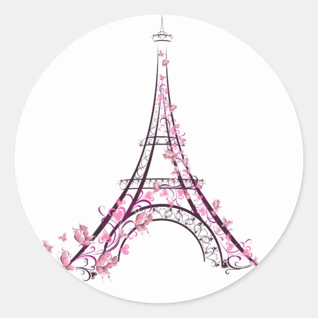 Adesivo Redondo Corações Rosa e Borboletas Torre Eiffel Paris (Frente)