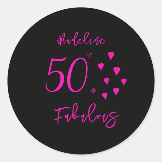 Adesivo Redondo Corações Rosa Quente Preto Moderno 50º Aniversário (Frente)