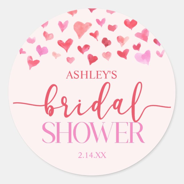 Adesivo Redondo Corações Rosa Vermelho no Chuveiro de Noiva do Dia (Frente)