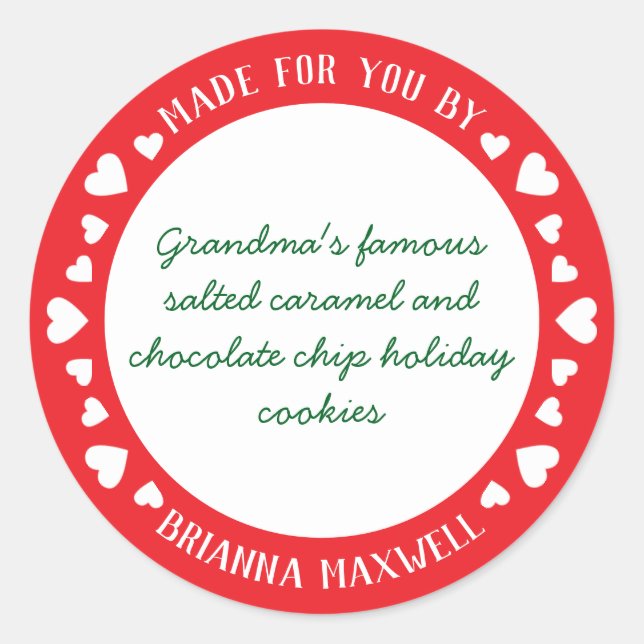 Adesivo Redondo Corações Vermelhos e Brancos Fofos Feitos com Amor (Frente)