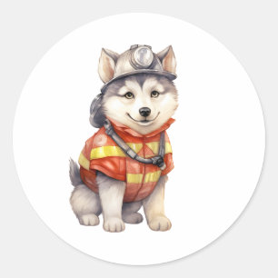 Adesivo Redondo Corajoso Bombeiro Siberian Husky Dog Honrando