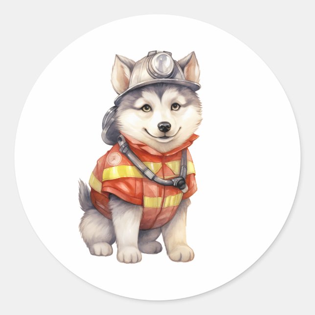 Adesivo Redondo Corajoso Bombeiro Siberian Husky Dog Honrando (Frente)