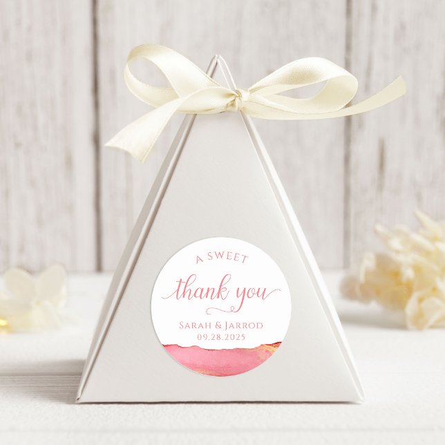 Adesivo Redondo Coral Cor-De-Rosa Agradável (Coral Pink 'Sweet Thank You' Stickers for Wedding favors)
