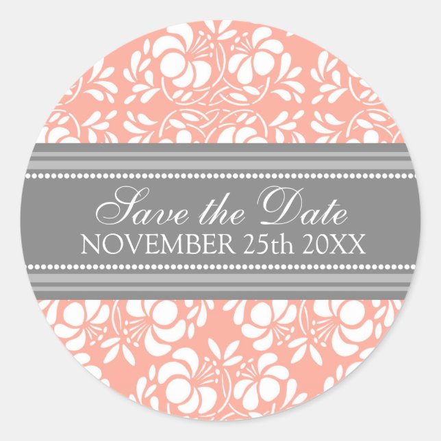 Adesivo Redondo Coral Damask Save the Date Envelope Seal (Frente)