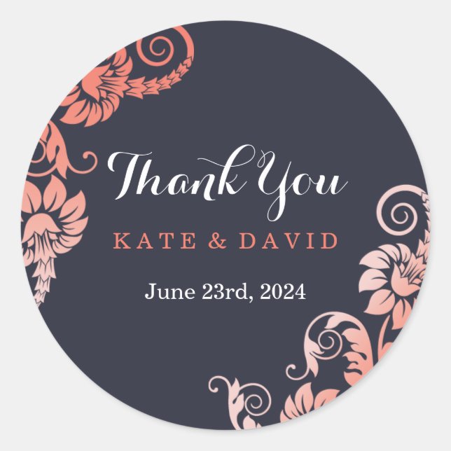 Adesivo Redondo Coral Elegante e Azul, obrigado (Frente)