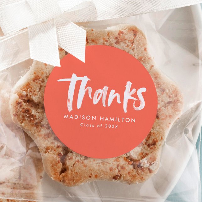 Adesivo Redondo Coral | Graduação De Escrituras De Pincel Obrigado (Criador carregado)