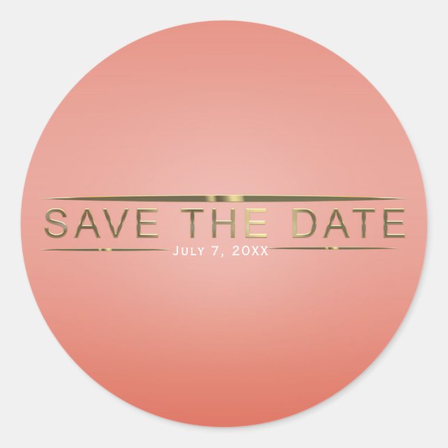Adesivo Redondo Coral Peach e Dourado Moderno Salve a Data (Frente)
