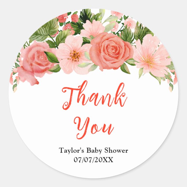 Adesivo Redondo Coral Pink Roses Floral Baby Shower Thank You (Frente)