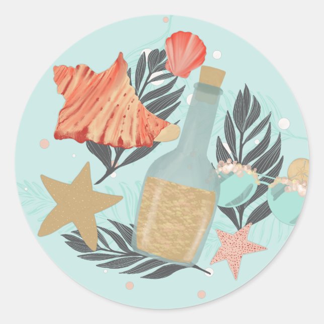 Adesivo Redondo Coral Red e Mint Beach Bottle and Seasheles (Frente)