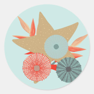 Adesivo Redondo Coral Red e Mint Starfish e Urchins