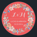Adesivo Redondo Coral Red Floral Wreath Weding Sticker<br><div class="desc">Vintage e obrigado de casamento floral rústico e floral que você pega. Decorados com desenho a aquarela de flores, folhas e bagas. Vinheta monograma para o casamento ou selos de envelope de convite. Personalizar o texto para qualquer ocasião especial. Favor de casamento da primavera, etiqueta de presente de chá de...</div>
