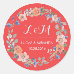 Adesivo Redondo Coral Red Floral Wreath Weding Sticker