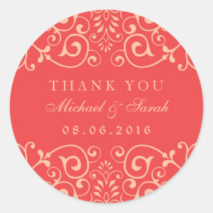 Adesivo Redondo Coral Red Vintage Swirl Flower Obrigado Sticker