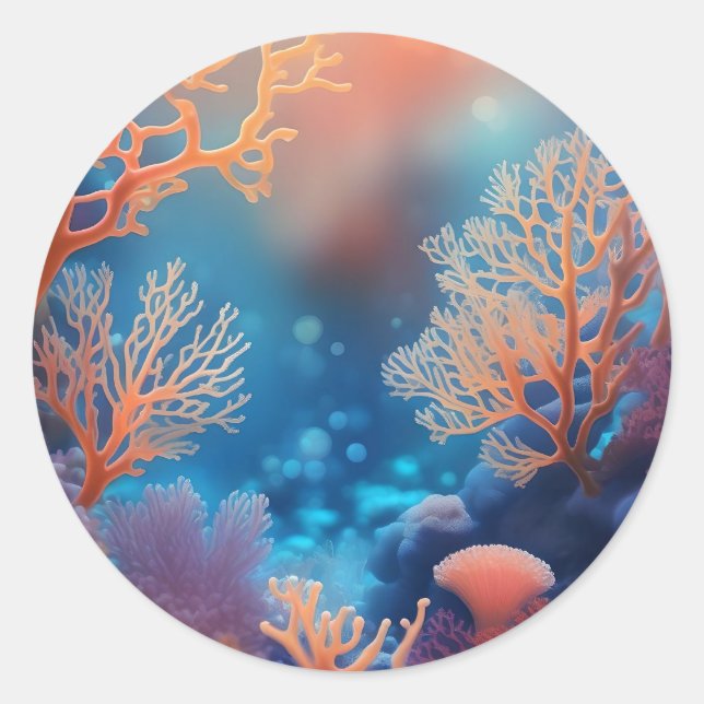Adesivo Redondo Coral saudável em oceano limpo. (Frente)