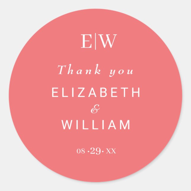 Adesivo Redondo Coral Simples Sunset Elegante com Casamento Monogr (Frente)