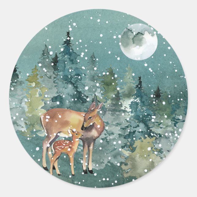 Adesivo Redondo Corça e Cervo no Bosque Neve Lua Cheia (Frente)