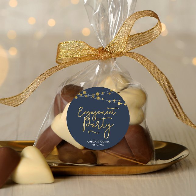 Adesivo Redondo Cordas Elegantes de Festa de noivado Azul Luzes (Criador carregado)