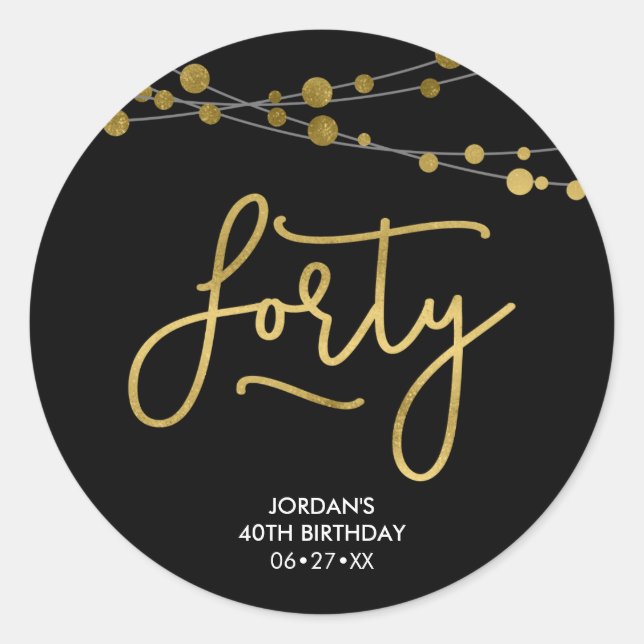 Adesivo Redondo Cordas Pretas Elegantes de Luzes aniversário de 40 (Frente)