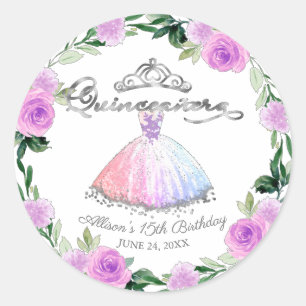 Adesivo Redondo Cores de Bolo de Quinceanera Vestido Prata Floral