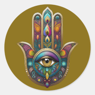 Adesivo Redondo Cores de Pavão Hamsa com Terceiro Olho Dourado