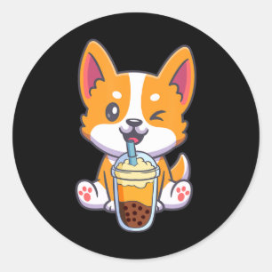 Adesivo Redondo Corgi Bebendo Boba Bubble Tea Drink Anime Kaw