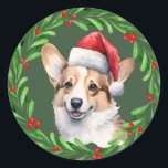 Adesivo Redondo Corgi Christmas Dog Puppy Mailing<br><div class="desc">Vinheta de Natal de Natal de Natal com uma coloração d'água Pembroke Welsh Corgi e design de coroa d'água na frente. É perfeito com o cartão de Natal de Corgi e as etiquetas de endereço de retorno de correio!</div>