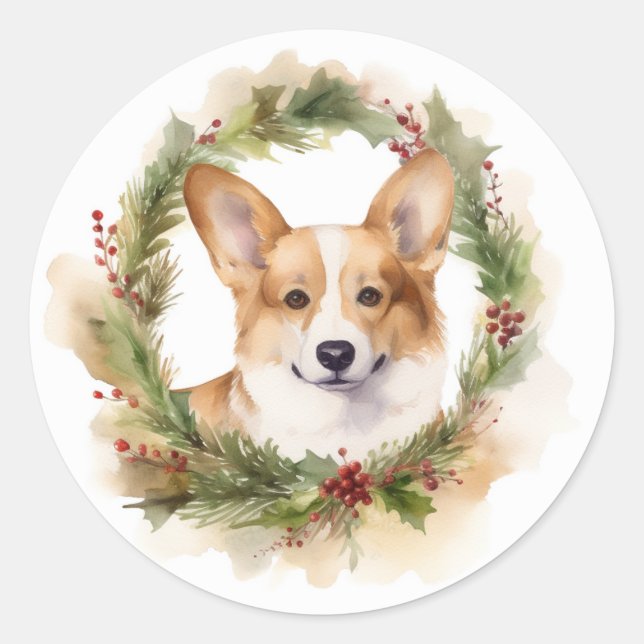 Adesivo Redondo Corgi Christmas Wreath Festivo Pup (Frente)
