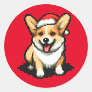 Adesivo Redondo Corgi de Natal bonito em Santa Chapéu Pixel
