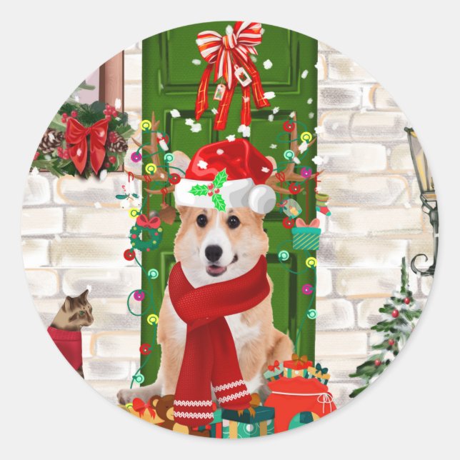 Adesivo Redondo corgi Dog Christmas (Frente)
